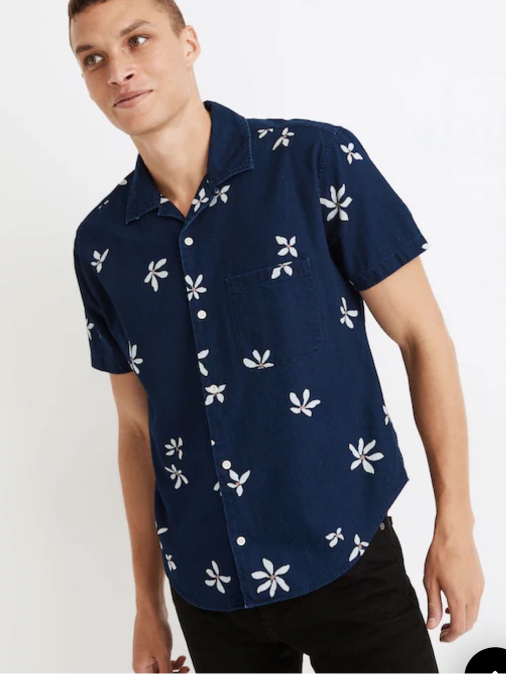 Madewell Men Beachy Navy Short-Sleeve Floral Button-Down Shirt Easy Fit size L